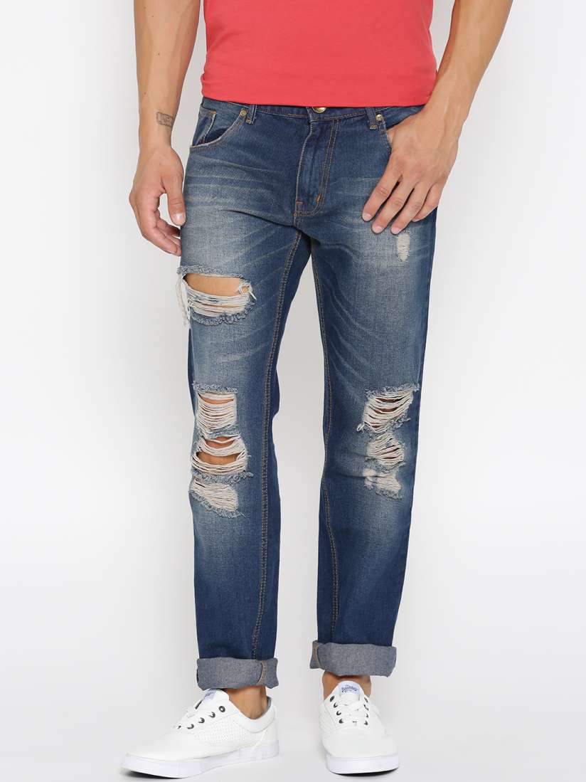 Buy People Men Blue Tapered Fit Mid Rise Highly Distressed Jeans Jeans for Men 2117513 Myntra