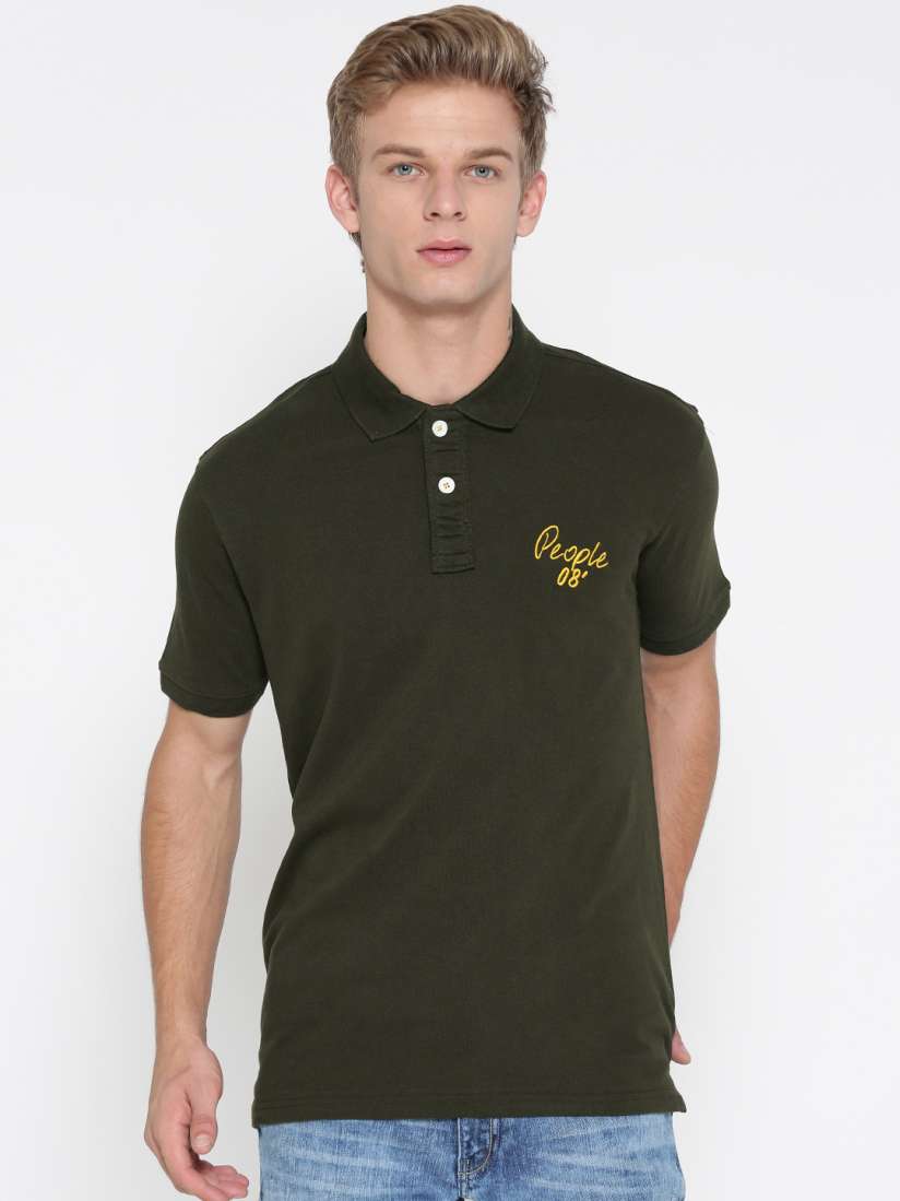Buy People Men Olive Green Solid Polo Collar Pure Cotton T shirt Tshirts for Men 2117666 Myntra