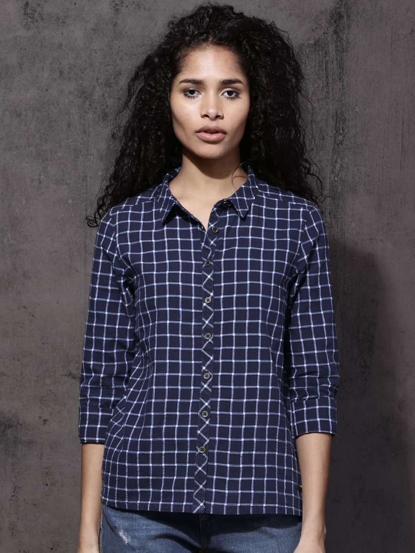Buy Roadster Women Navy Blue White Regular Fit Checked Casual Shirt Shirts for Women 2118233 Myntra