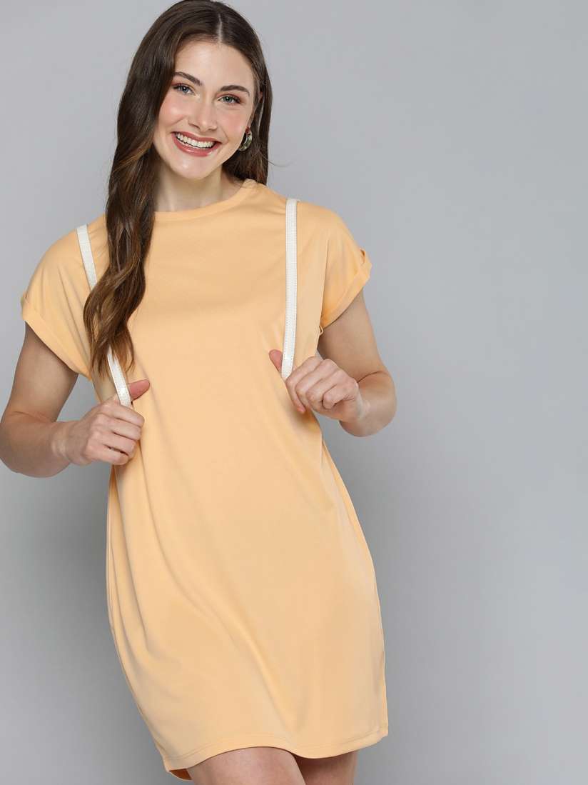 Buy HERE NOW Solid Round Neck Extended Sleeves Mini T shirt Dress Dresses for Women 21185404 Myntra