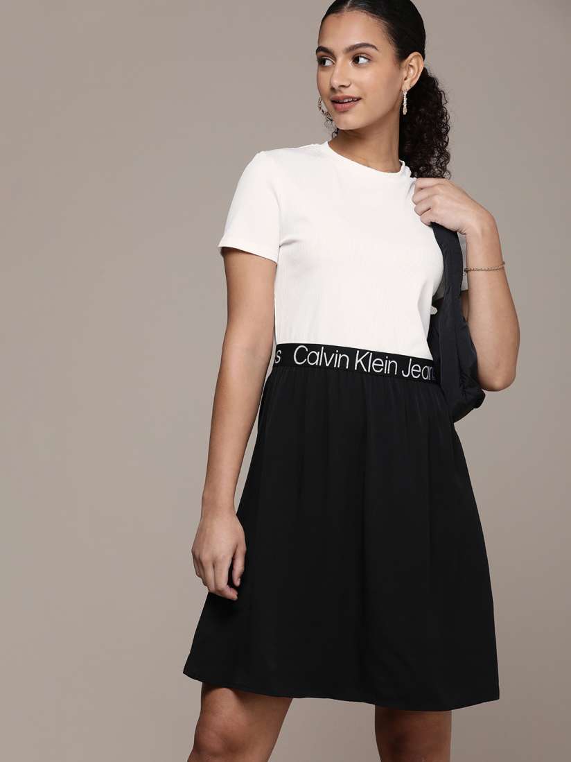 Buy Calvin Klein Jeans Colourblocked Fit Flare Dress With Brand logo Detail Dresses for Women 21199830 Myntra
