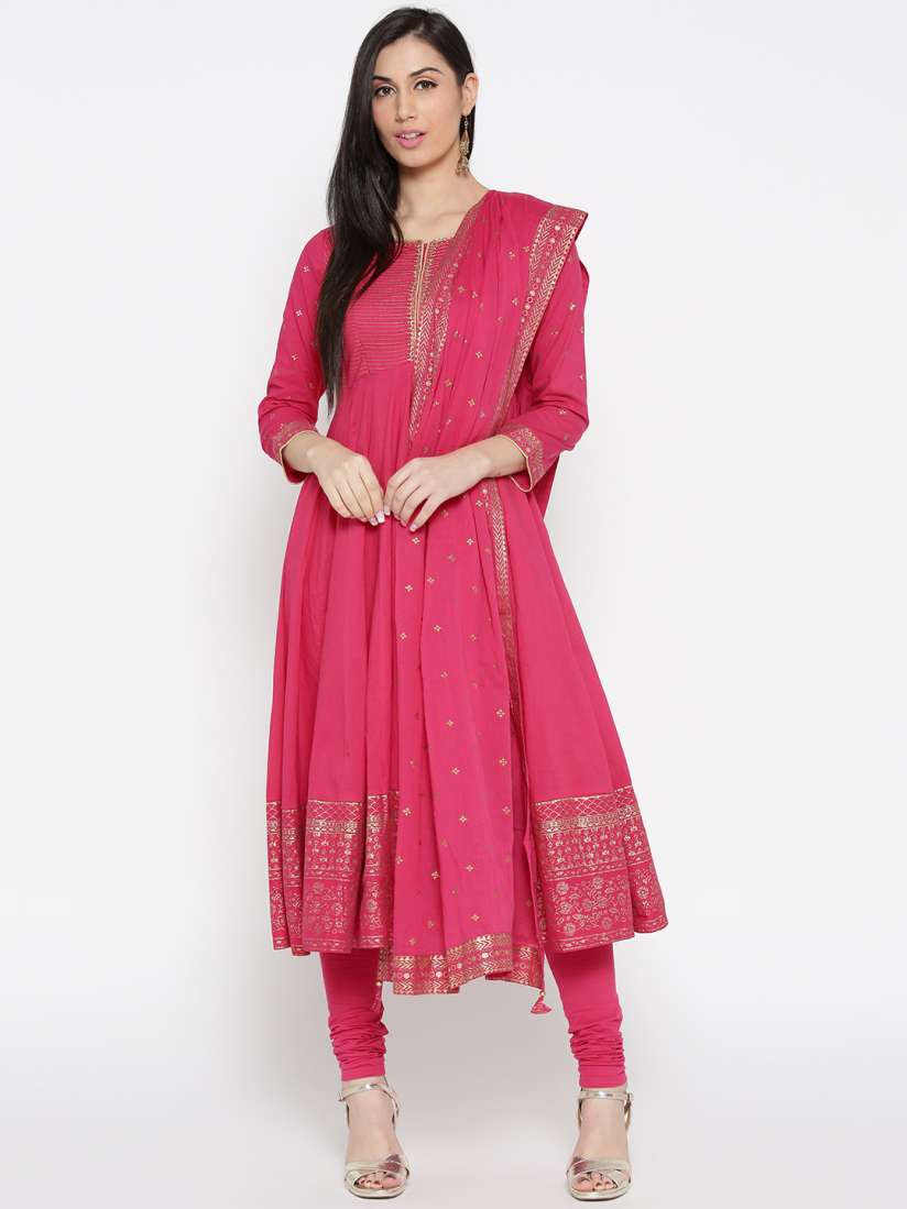 Buy Biba Women Pink Solid Anarkali Kurta with Churidar Dupatta Kurta Sets for Women 2120608 Myntra