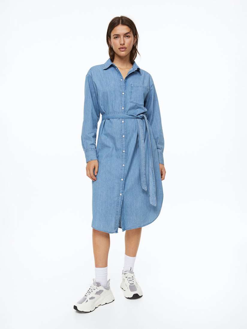 Denim shirt dress with tie belt new arrivals