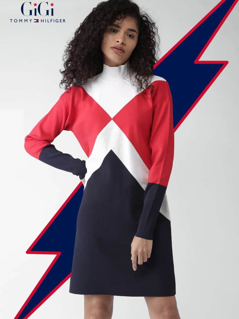 Buy Tommy Hilfiger by GIGI HADID Women Red Colourblocked Sweater Dress Dresses for Women 2122506 Myntra