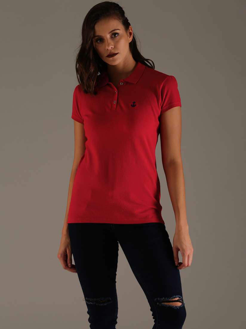 Buy Flying Machine Women Red Solid Polo Collar Pure Cotton T shirt Tshirts for Women 2124275 Myntra