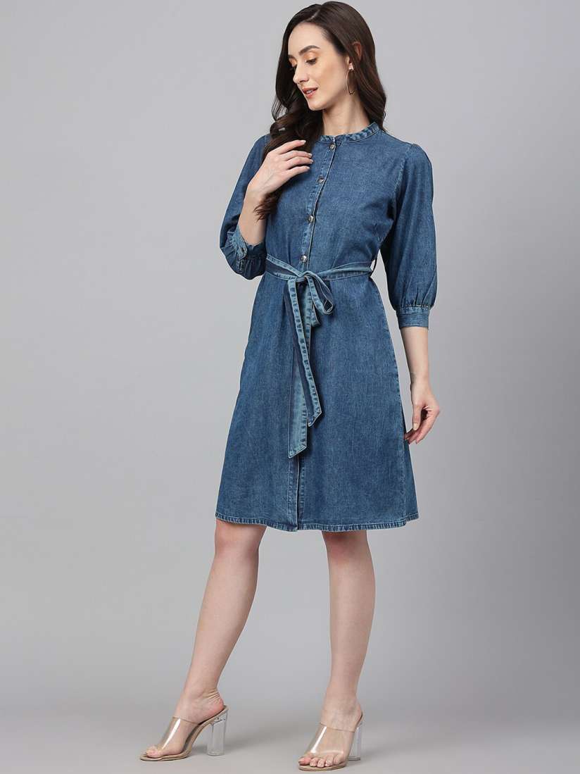 Buy Janasya Women s Blue Denim Solid Straight Western Dress Dresses for Women 21253112 Myntra