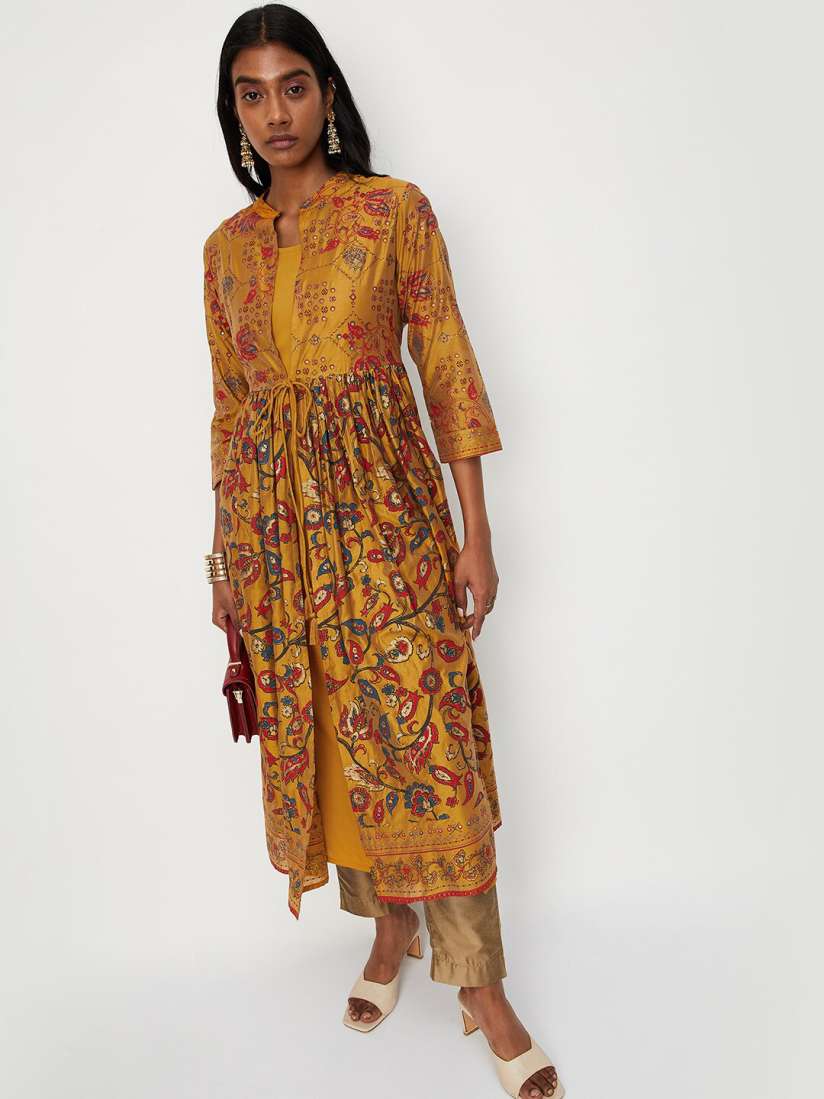 Buy max Women Mustard Yellow Floral Printed Thread Work Anarkali Kurta Kurtas for Women 21267102 Myntra
