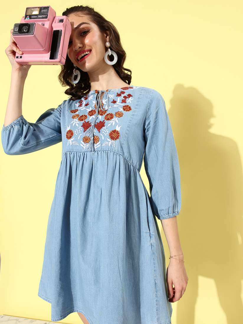 Buy 4WRD by Dressberry Floral Embroidered Tie Up Neck Denim Pure Cotton A Line Mini Dress Dresses for Women 21291400 Myntra