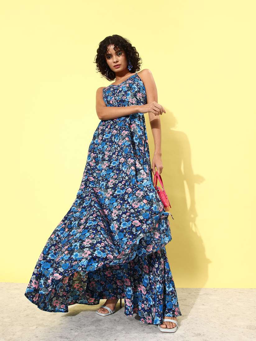 Buy DressBerry Cobalt Blue Vacay Chill Sundress Floral Print Maxi Dress Dresses for Women 21291472 Myntra