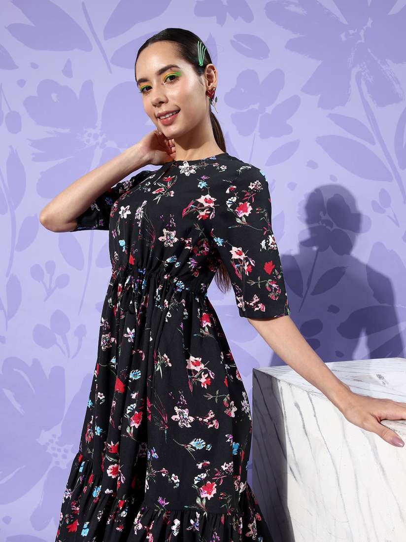 Buy Dressberry Jet Black Floral Print Keyhole Neck A Line Vacay Chill Sundress Dress Dresses for Women 21291740 Myntra