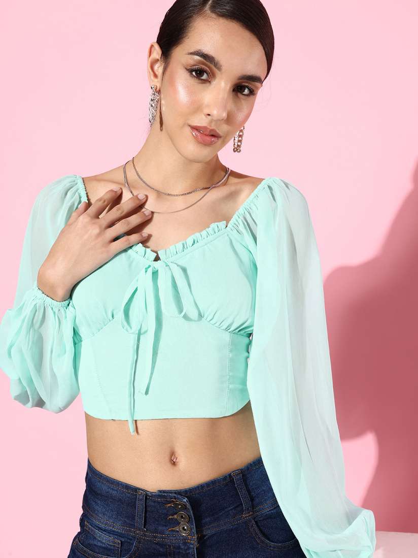 Buy DressBerry Sea Blue Sweetheart Neck Smocked We May Party Sheer Crop Top  - Tops for Women 21292054 | Myntra