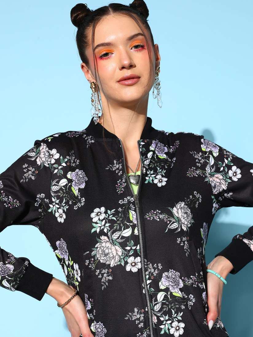 Buy Berrylush Women Black Floral Bomber Jacket Jackets for Women 21301458 Myntra