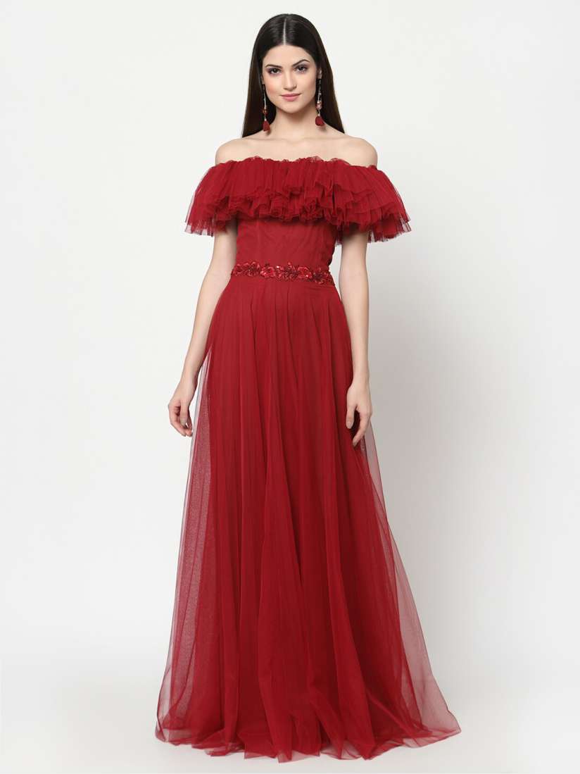 Buy Just Wow Maroon Embellished Off Shoulder Net Maxi Maxi Dress Dresses for Women 21303896 Myntra