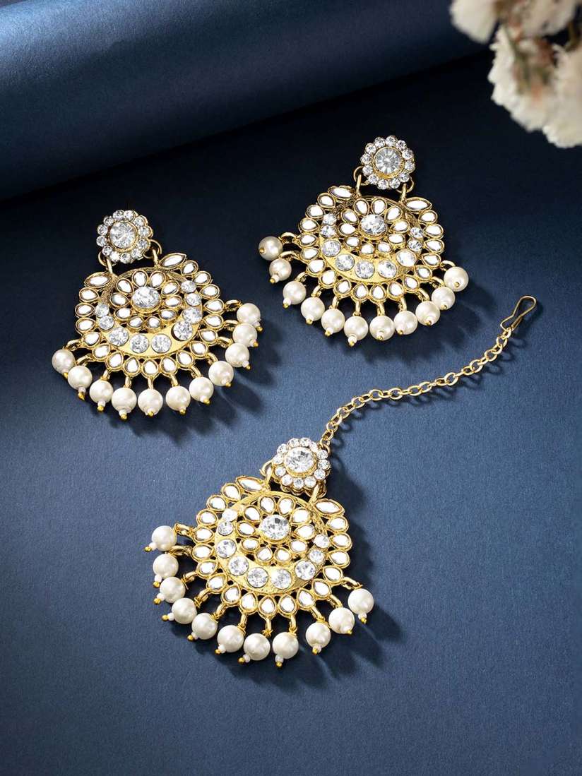 Buy Peora Traditional White Gold Plated Kundan Studded Earring Maang Tikka Jewellery Set Jewellery Set for Women 21309398 Myntra