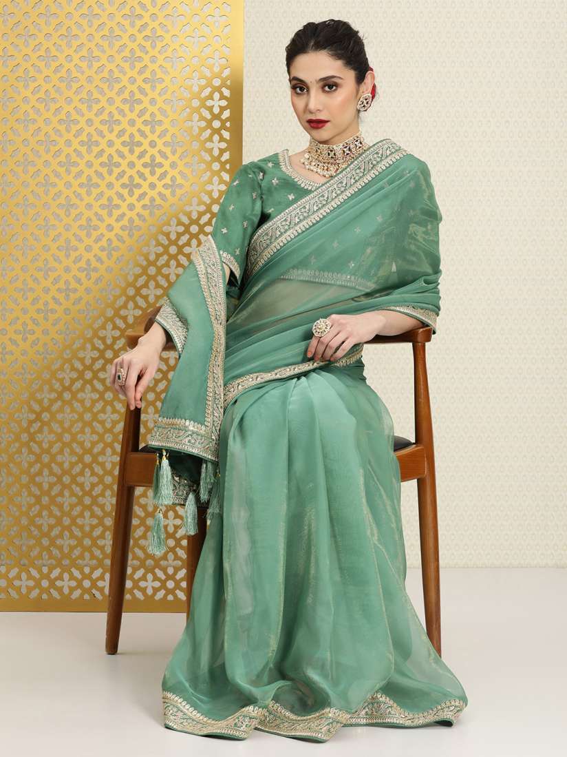 Buy House of Pataudi Green Gold Toned Sequinned Organza Heavy Work Saree Sarees for Women 21312782 Myntra