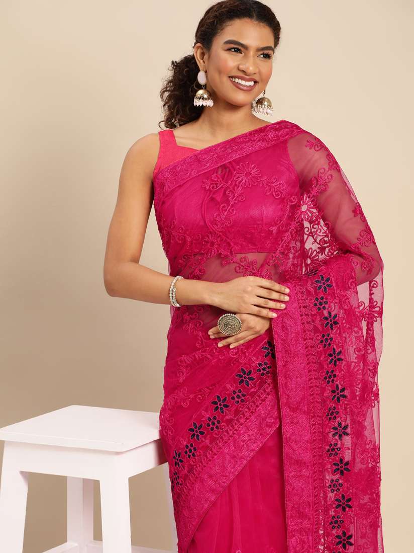 Buy HERE NOW Ethnic Motifs Embroidered Net Saree Sarees for Women 21319766 Myntra