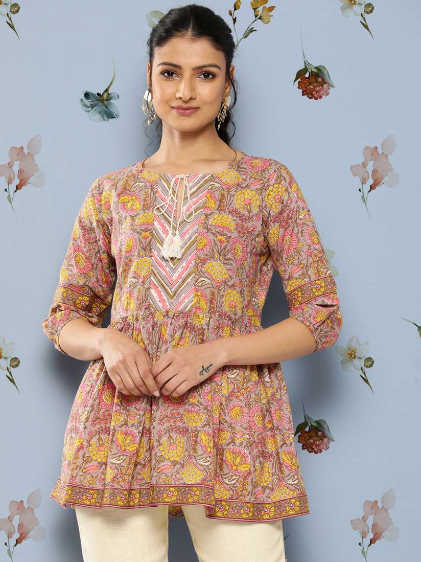 Buy Libas Floral Printed Tie Up Neck Puff Sleeves Pure Cotton Kurti Kurtis for Women 21325114 Myntra