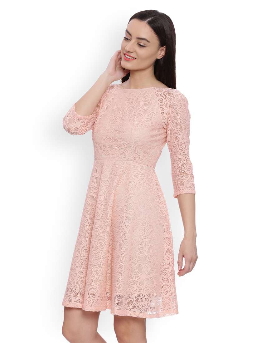 Buy Avirate Women Peach-Coloured Self Design Fit and Flare Dress