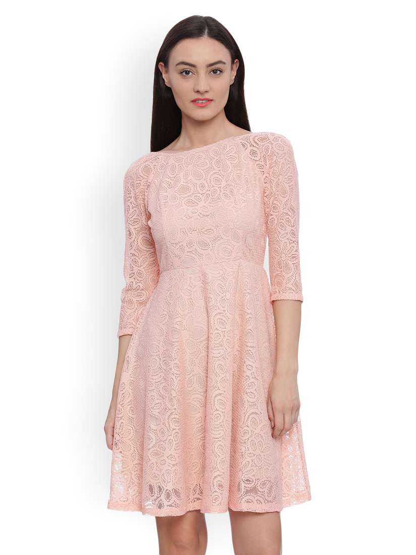 Buy Avirate Women Peach-Coloured Self Design Fit and Flare Dress