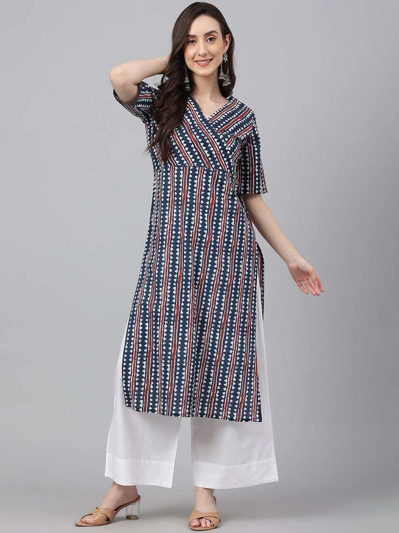 Buy Janasya Women Navy Blue Cotton Geometric Straight Kurta Kurtas for Women 21373198 Myntra
