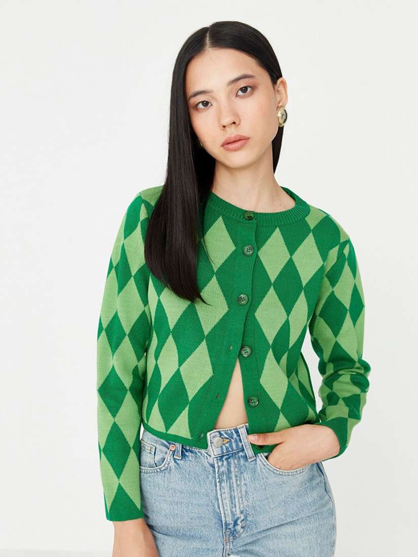 Buy Trendyol Women Argyle Printed Crop Acrylic Cardigan Sweater Sweaters for Women 21427192 Myntra