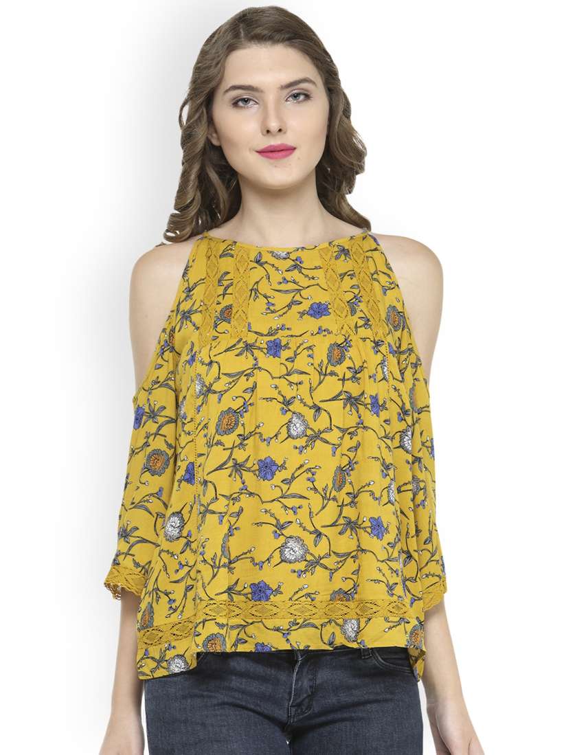 Yellow floral cold shoulder top hotsell