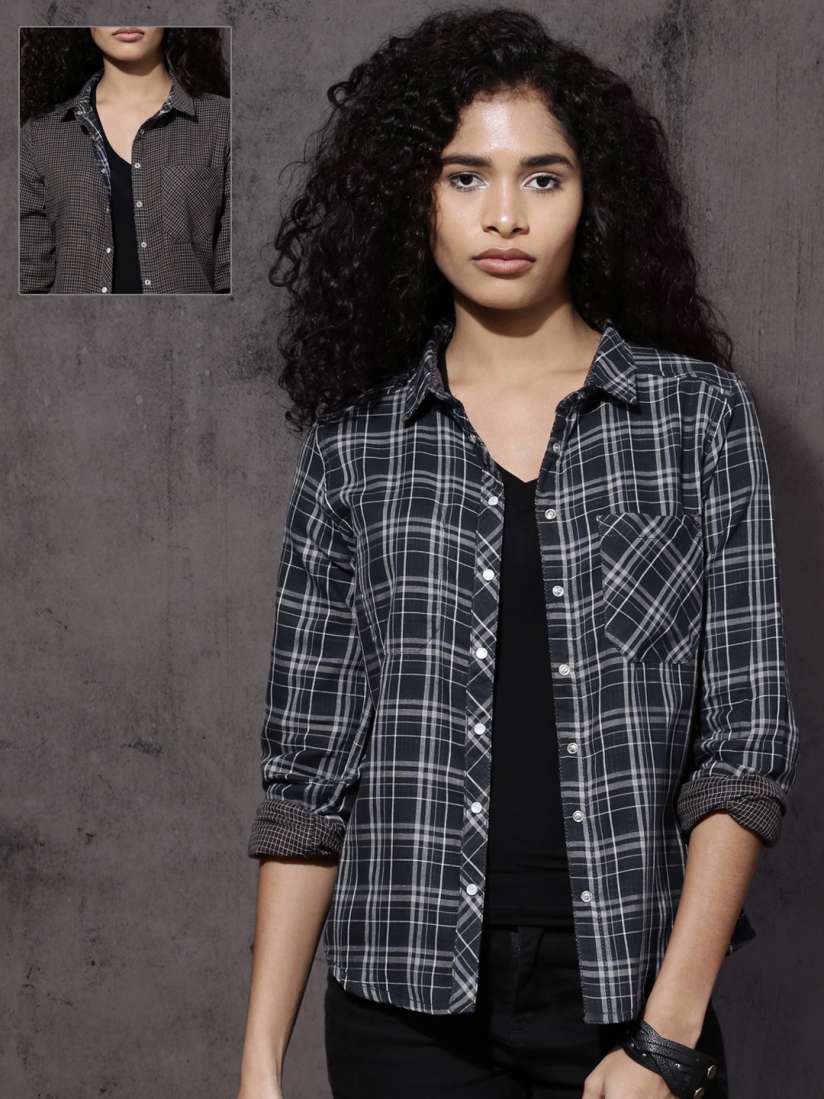 Buy Roadster Women Blue Brown Regular Fit Reversible Checked Casual Shirt Shirts for Women 2145663 Myntra