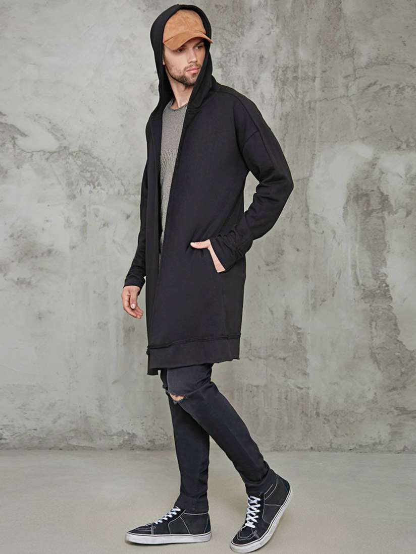 Buy FOREVER 21 Men Black Solid Hooded Open Front Longline Jacket Jackets for Men 2149649 Myntra