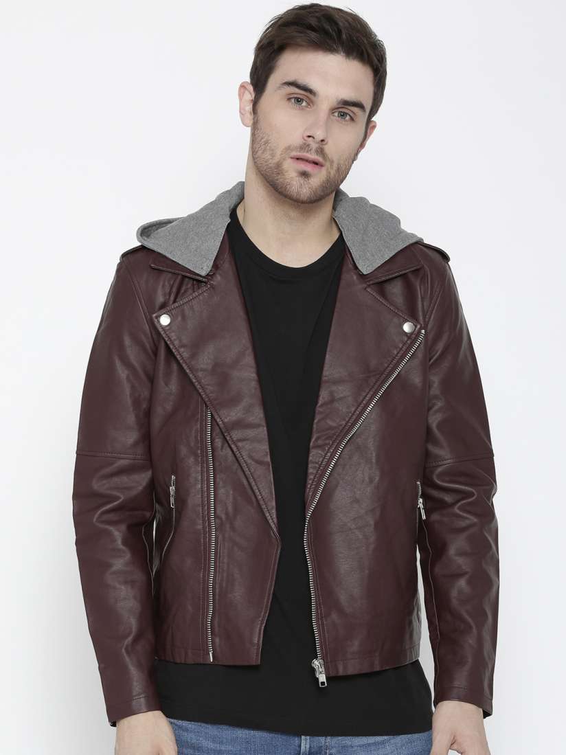 Buy FOREVER 21 Men Burgundy Solid Biker Jacket with Detachable Hood Jackets for Men 2149677 Myntra
