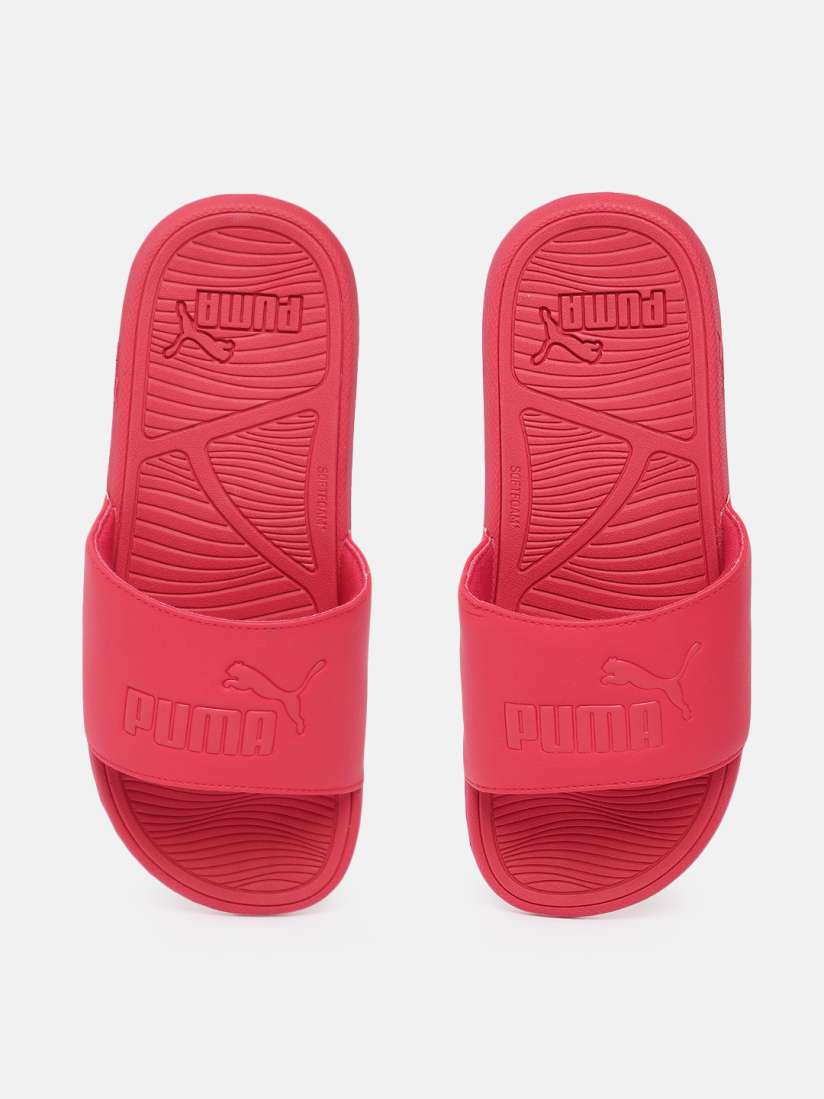 Red fluffy puma slides cheap