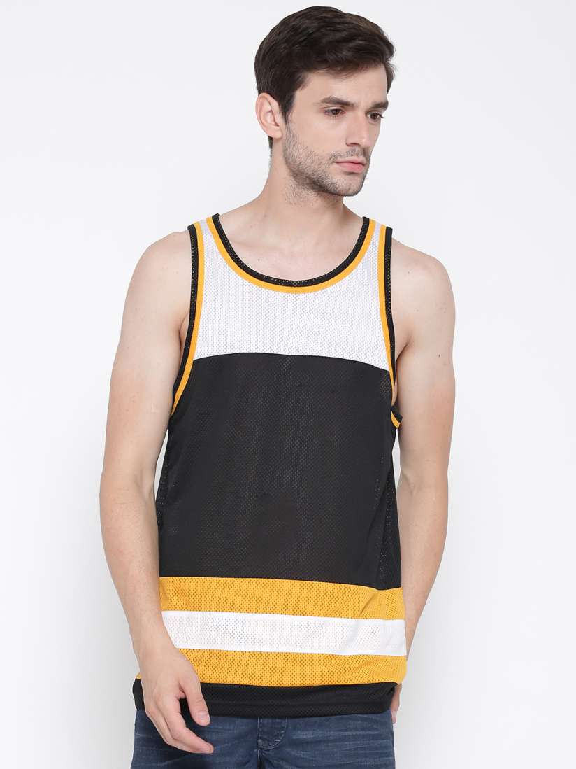 Buy FOREVER 21 Men Black Yellow Colourblocked Sleeveless Mesh T shirt Tshirts for Men 2150010 Myntra