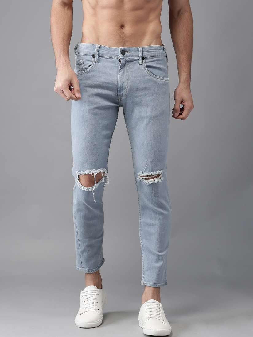 Buy HERE NOW Men Blue Slim Fit Cropped Mid Rise Slash Knee Stretchable Length Jeans Jeans for Men 2150847 Myntra