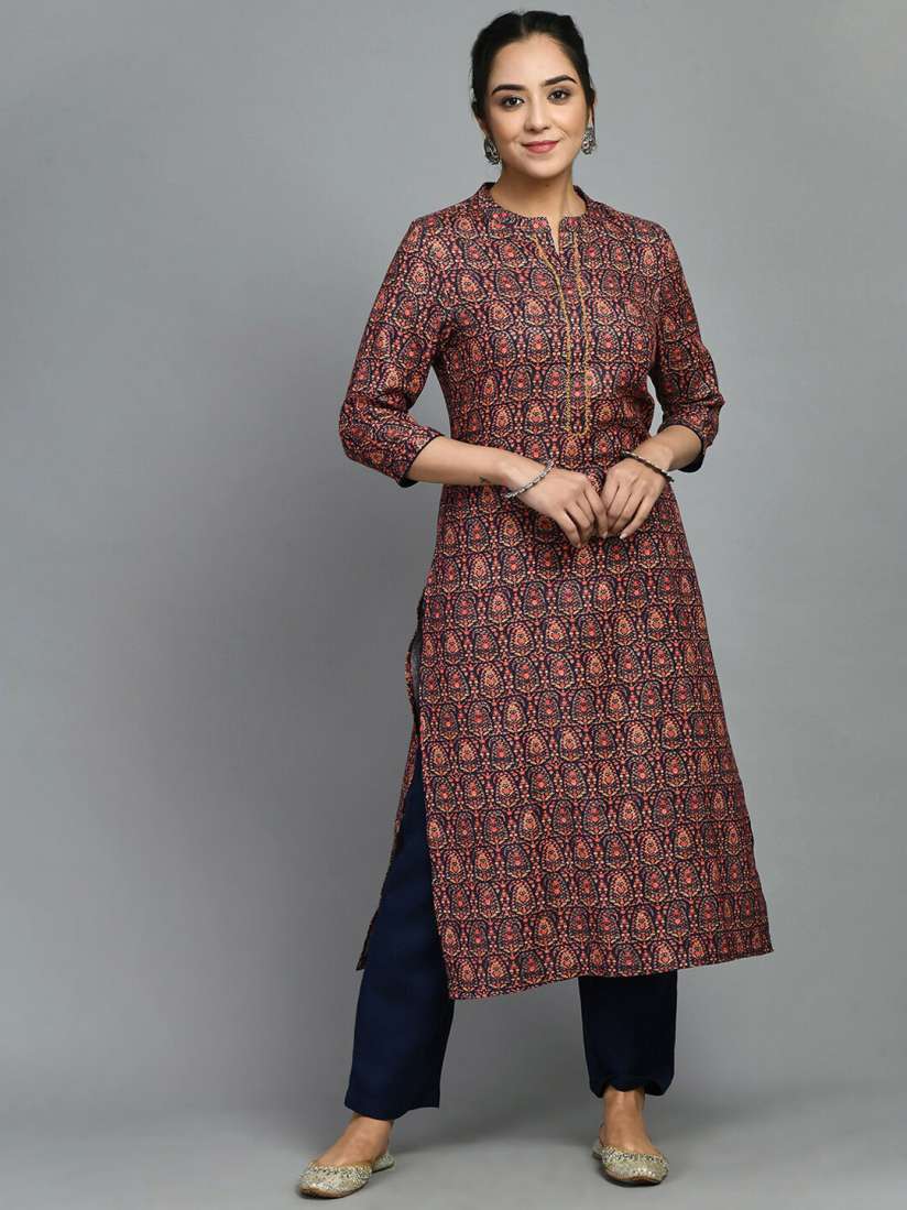 Buy MEESAN Floral Printed Band Collar Woolen Kurta with Trousers Kurta Sets for Women 21520406 Myntra