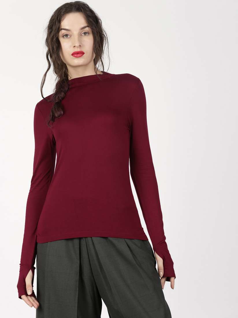Buy ether Women Burgundy Solid High Neck Long Sleeve With Thumbhole Round Neck T shirt Tshirts for Women 2156156 Myntra