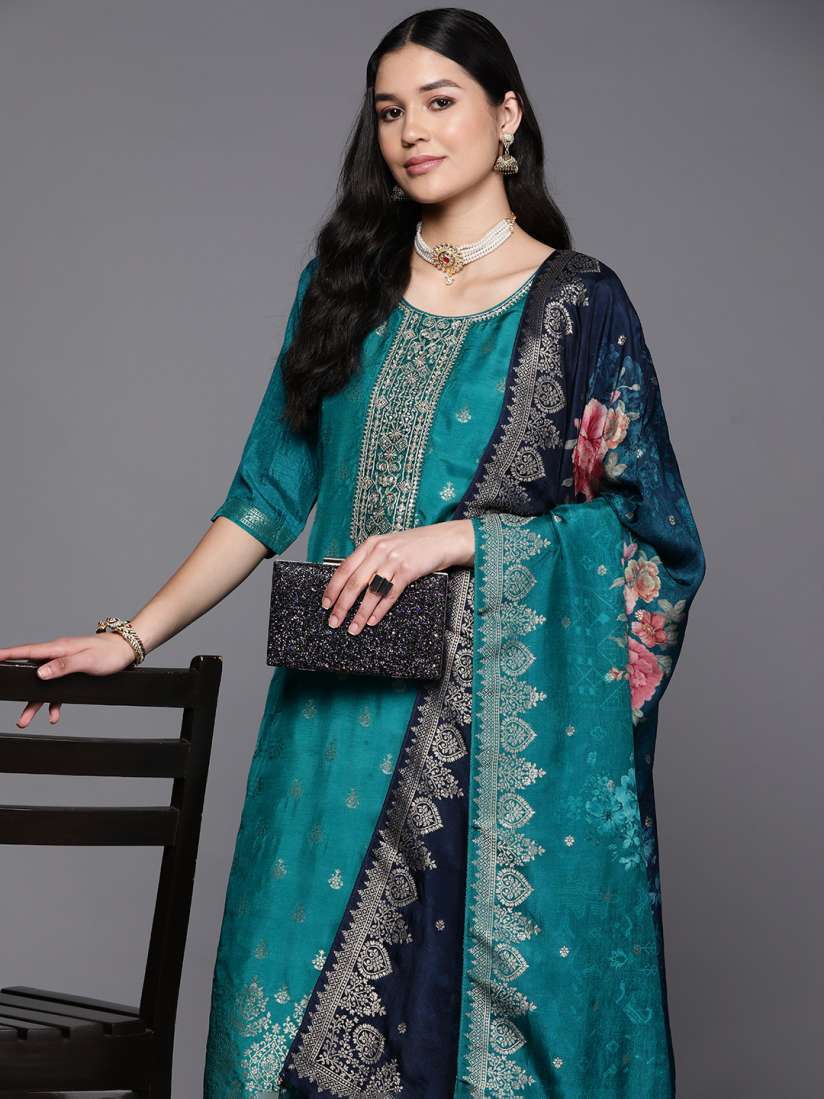 Buy Libas Women Green Floral Pure Silk Kurta with Trousers With Dupatta Kurta Sets for Women 21585120 Myntra