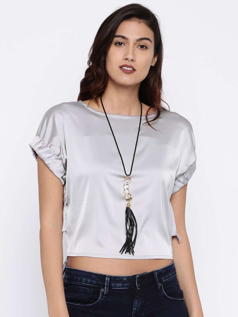 Buy Deal Jeans Women Grey Solid Satin Finish Blouson Crop Top Tops for Women 2159511 Myntra