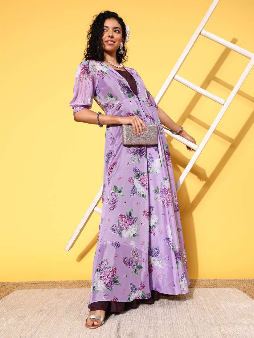 Buy Inddus Purple Lavender Maxi Dress With Floral Printed Jacket Dresses for Women 21604514 Myntra