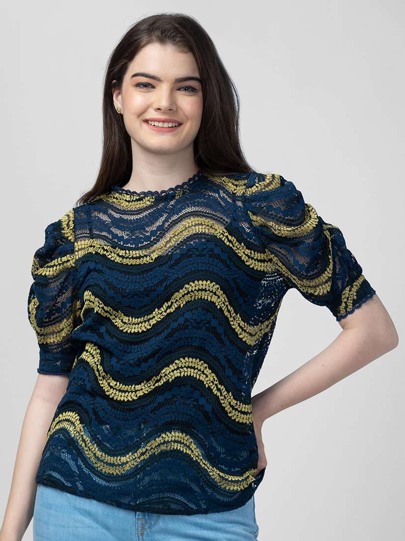 women's navy and yellow tops