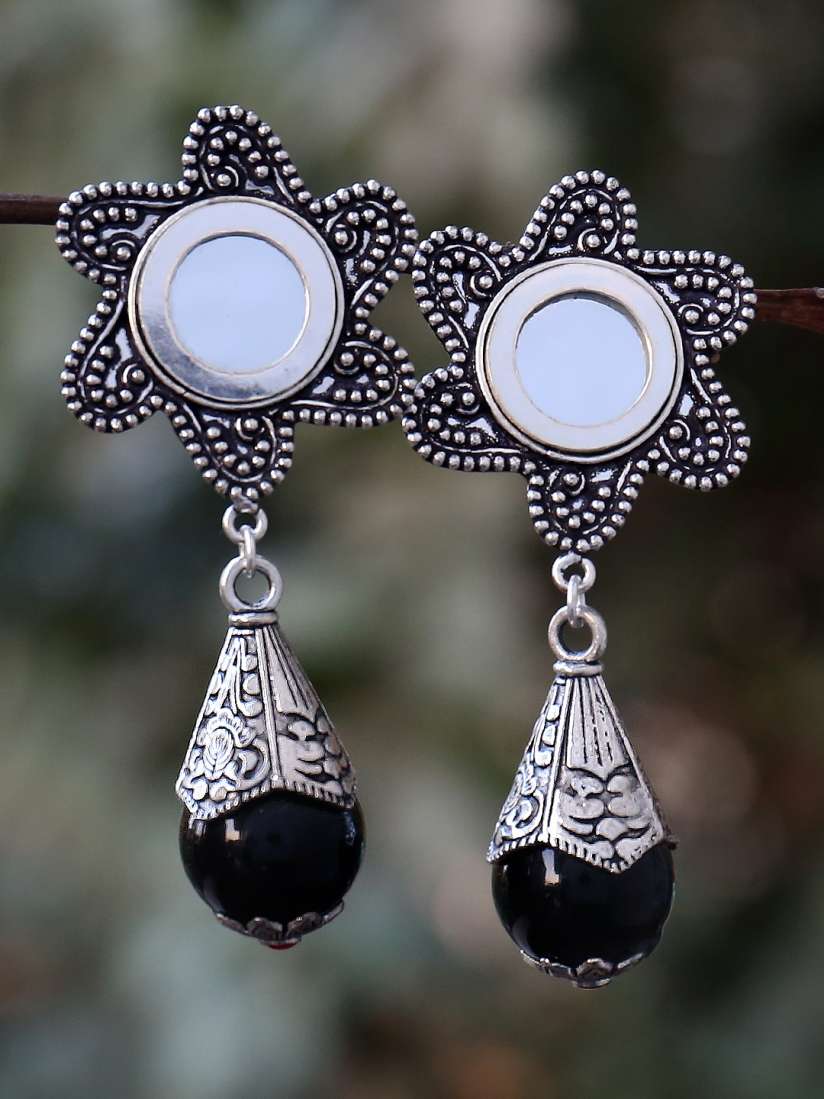 Buy FIROZA Oxidised Silver Toned Black Handcrafted Mirror Work Drop Earrings Earrings for Women 2163704 Myntra