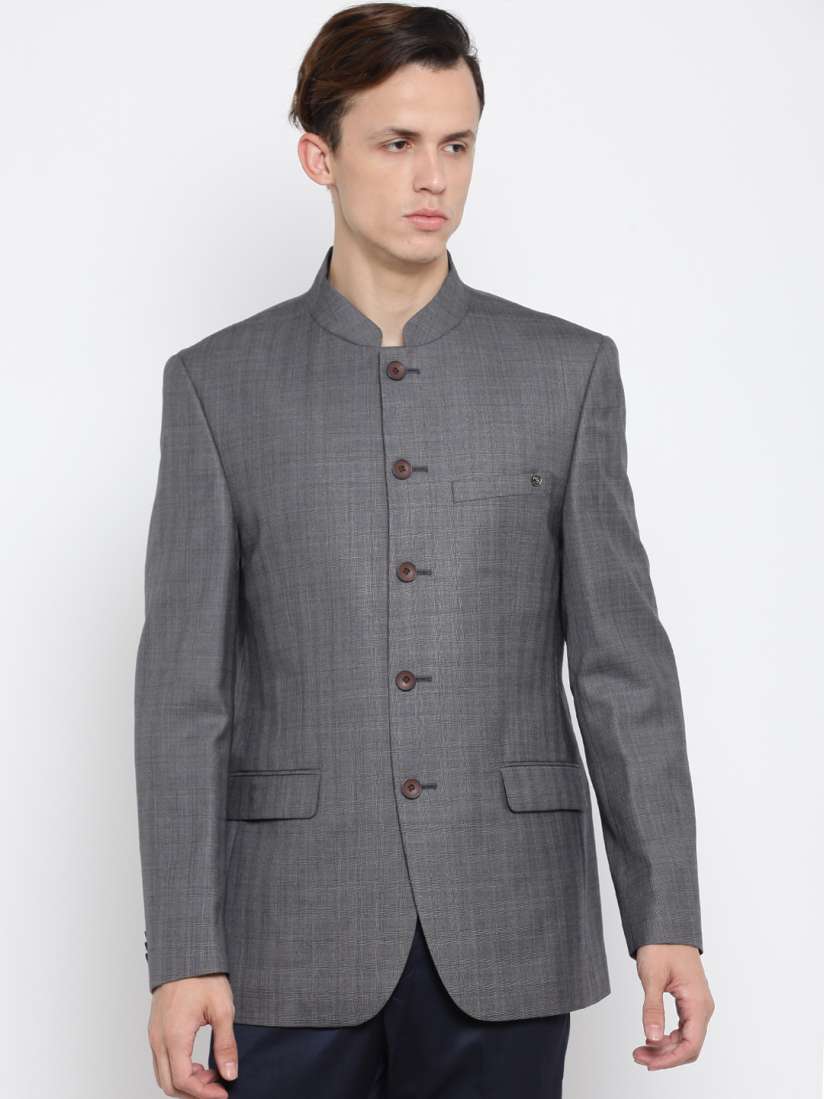 Buy Raymond Grey Self Checked Single Breasted Tailored Contemporary Fit Ethnic Bandhgala Blazer Blazers for Men 2165151 Myntra