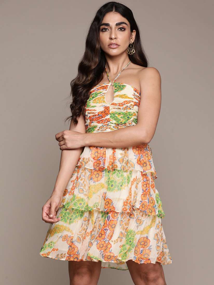 Buy Label Ritu Kumar Floral Printed Halter Neck Chiffon Dress Dresses for Women 21664956 Myntra