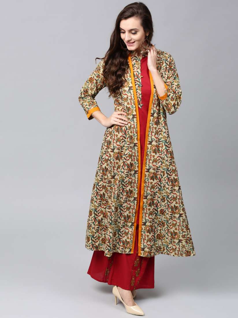 Buy AKS Women Cream Coloured Printed Longline Ethnic Open Front Jacket Jackets for Women 2167427 Myntra