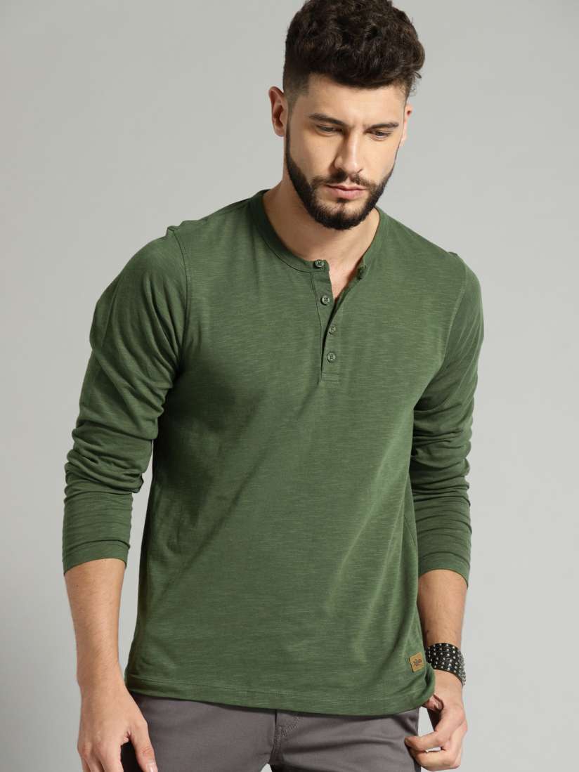 Buy Roadster Men Olive Green Solid Henley Neck T shirt Tshirts for Men 2170596 Myntra