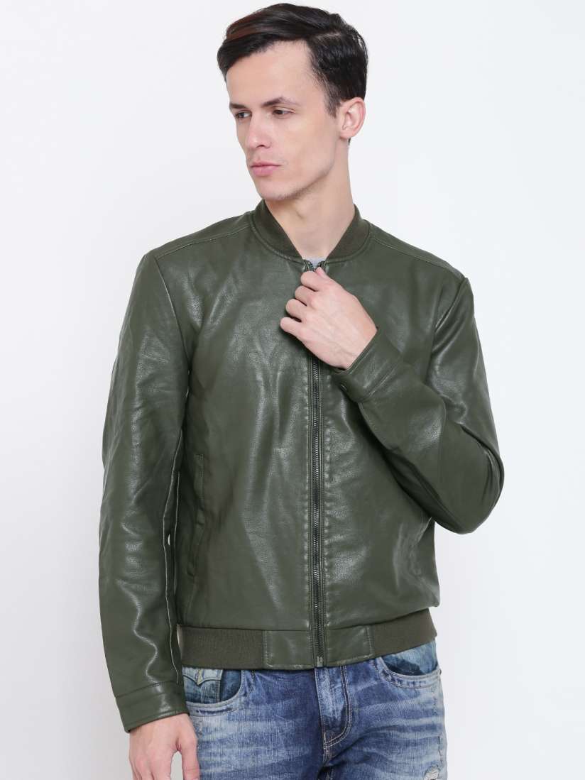 Buy FOREVER 21 Men Olive Green Solid Faux Leather Bomber Jacket Jackets for Men 2172706 Myntra