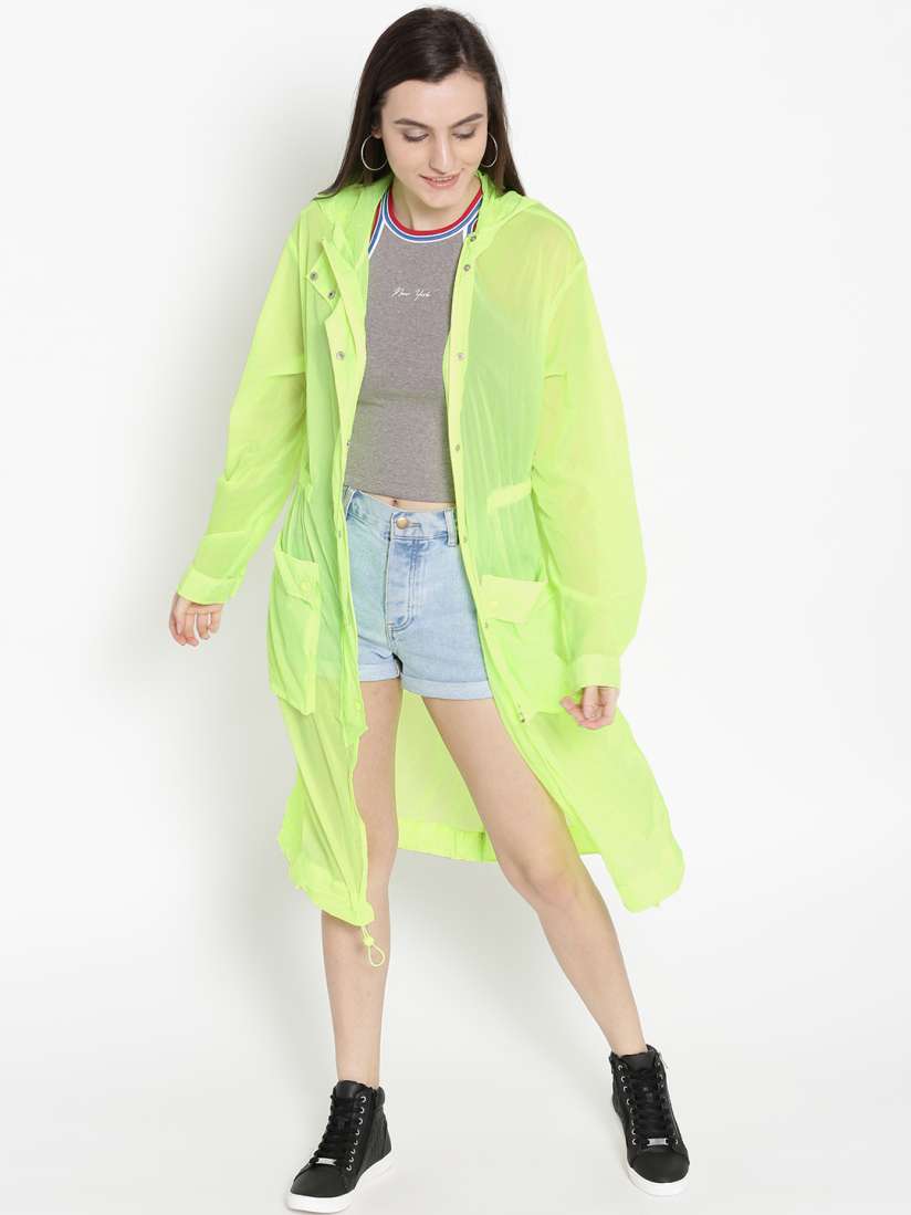 Buy FOREVER 21 Women Fluorescent Green Solid Lightweight Sheer Hooded Longline Tailored Jacket Jackets for Women 2172721 Myntra