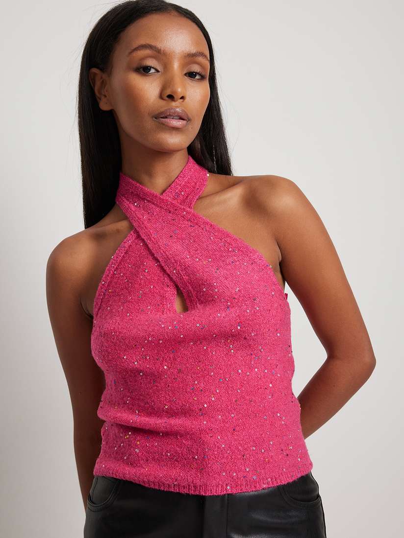 pink sequin halter top
