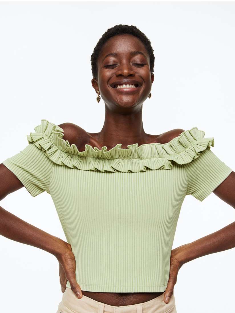 Buy H M Women Frill Trimmed Off The Shoulder Top Tops for Women 21770640 Myntra