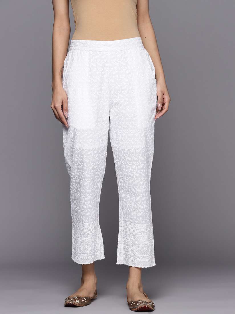 Buy Libas Women White Ethnic Motifs Embroidered Straight Fit Trousers -  Trousers for Women 21810412 | Myntra