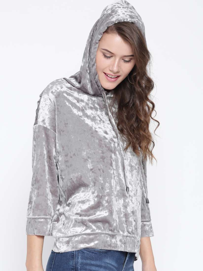 Buy ONLY Women Grey Solid Velvet Finish Hooded Sweatshirt Sweatshirts for Women 2181087 Myntra