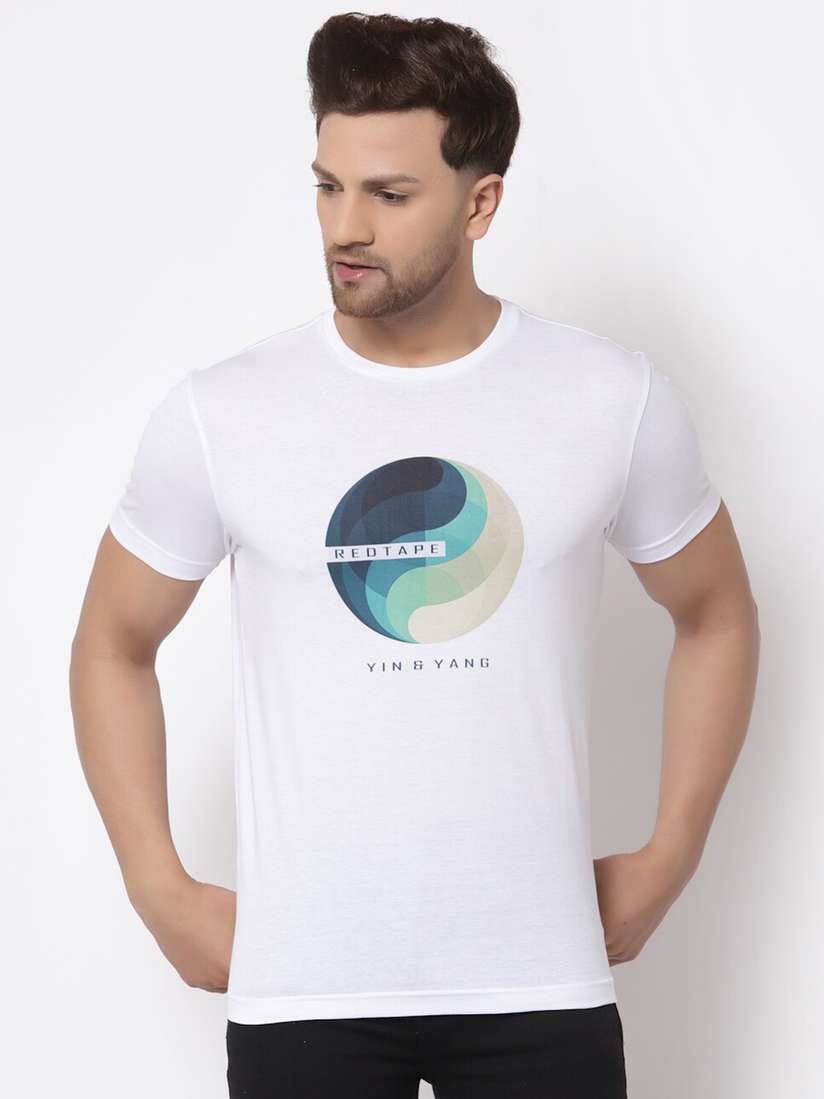 red blue and white graphic tee